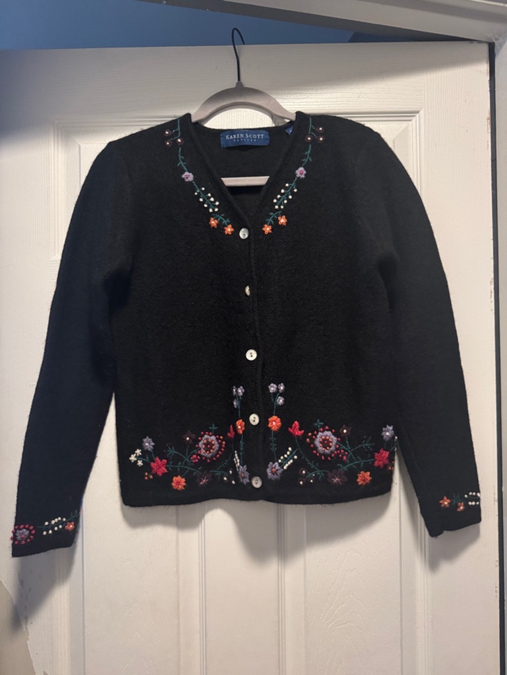 Wool Black Cardigan with Multicolor Floral Embroidery